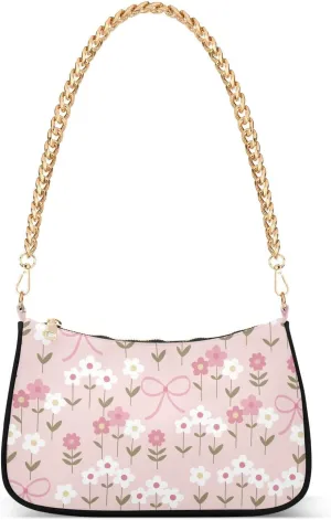 Shoulder Bag for Women Pink Flowers and Bow Hobo Purses Handbags for Women with Chain Strap
