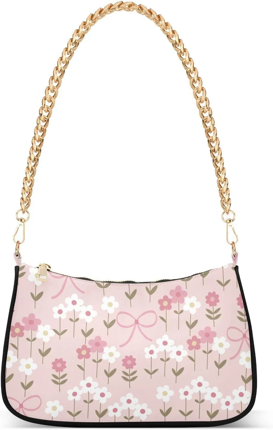 Shoulder Bag for Women Pink Flowers and Bow Hobo Purses Handbags for Women with Chain Strap