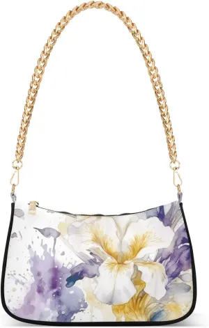 Shoulder Bag for Women Purple Beige Iris Flowers Hobo Purses Handbags for Women with Chain Strap