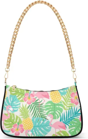 Shoulder Bag for Women Summer Flamingo Hibiscus Pineapple Hobo Purses Handbags for Women with Chain Strap