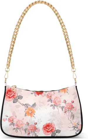 Shoulder Bag for Women Summer Pattern Pink Rose Flowers Hobo Purses Handbags for Women with Chain Strap