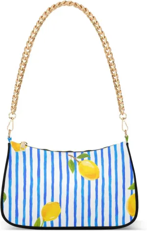 Shoulder Bag for Women Yellow Lemon Fruits Blue Stripes Hobo Purses Handbags for Women with Chain Strap