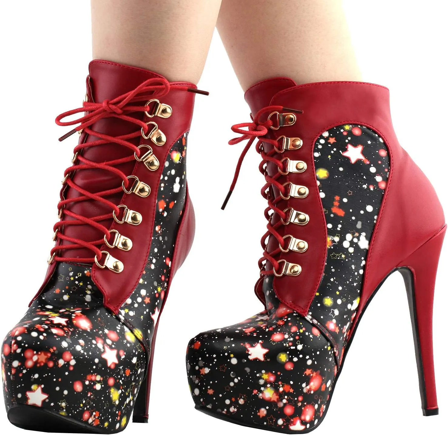 SHOW STORY Black/Pink/Purple Lace Up Stiletto Heel Gothic Ankle Boots,LF80831