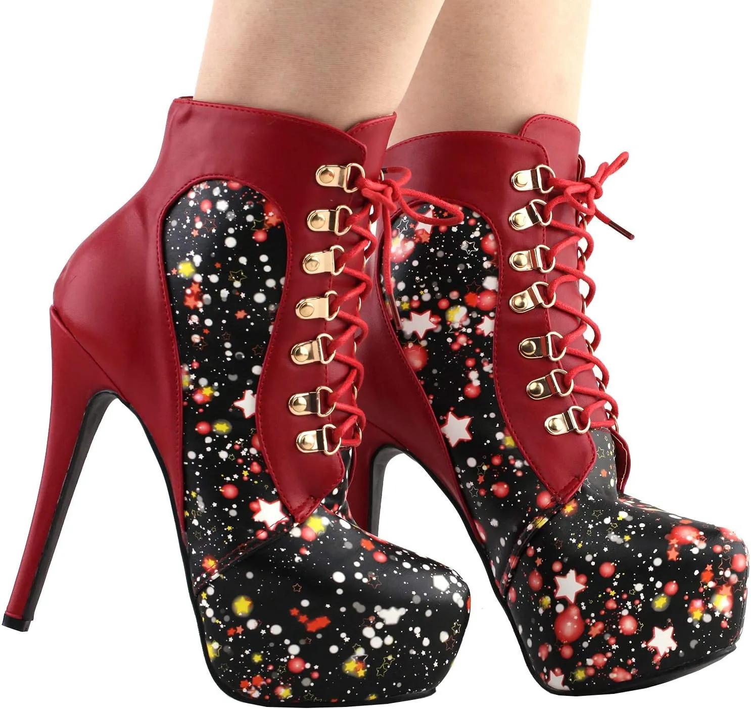 SHOW STORY Black/Pink/Purple Lace Up Stiletto Heel Gothic Ankle Boots,LF80831