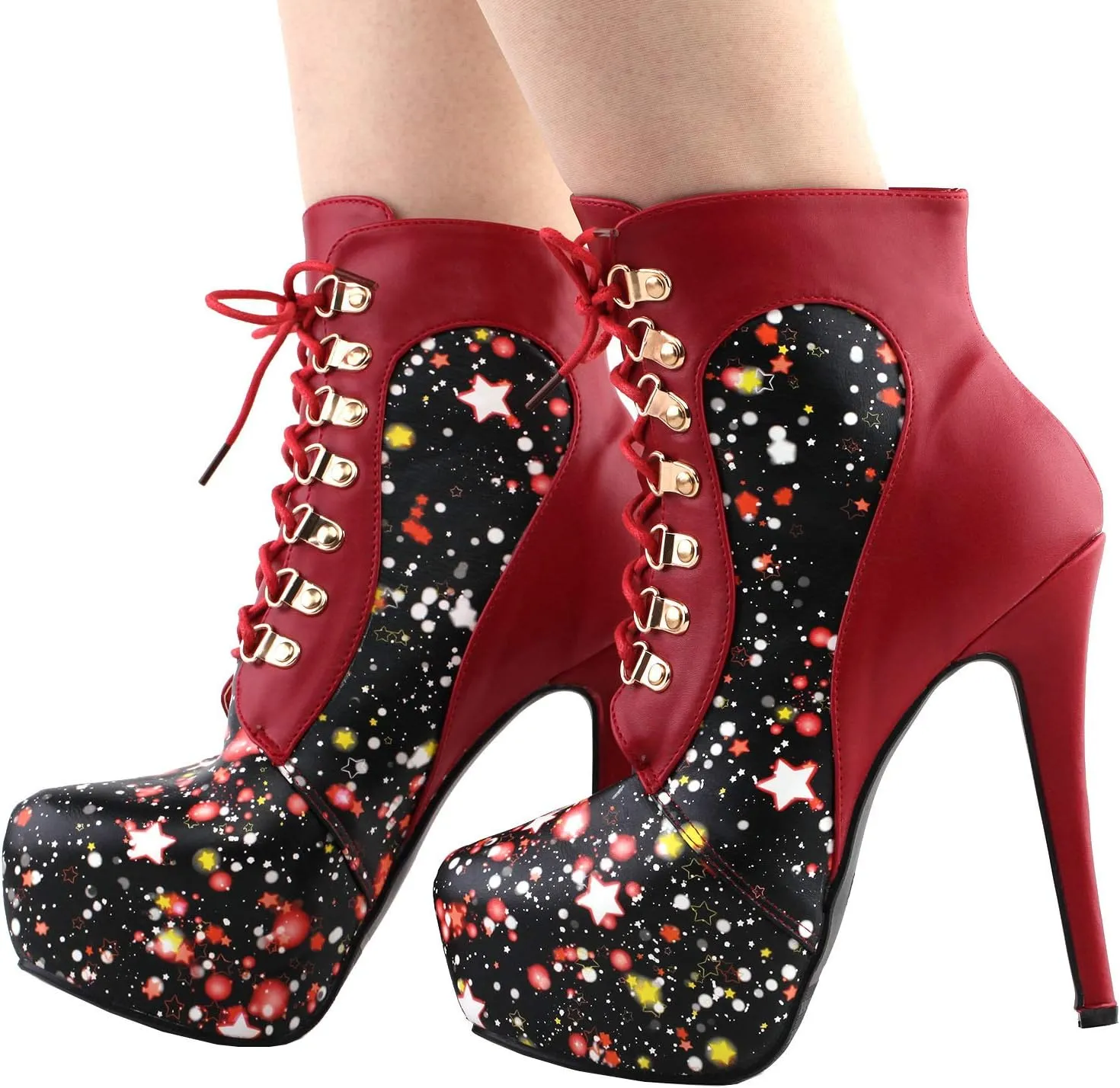 SHOW STORY Black/Pink/Purple Lace Up Stiletto Heel Gothic Ankle Boots,LF80831