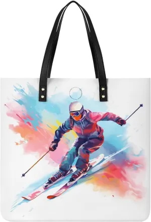 Skier Watercolor Tote Bags PU Leather Top Handle Satchel Handbags Shoulder Bags Travel Purse for Women Men