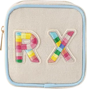 Small Canvas Rx Medicine Packages, Cute Chenille Letter Patch Drug Makeup Bag with Metal Zipper, Mini Travel First Aid Purse Organizer Machine Washable (03Blue-Rainbow)