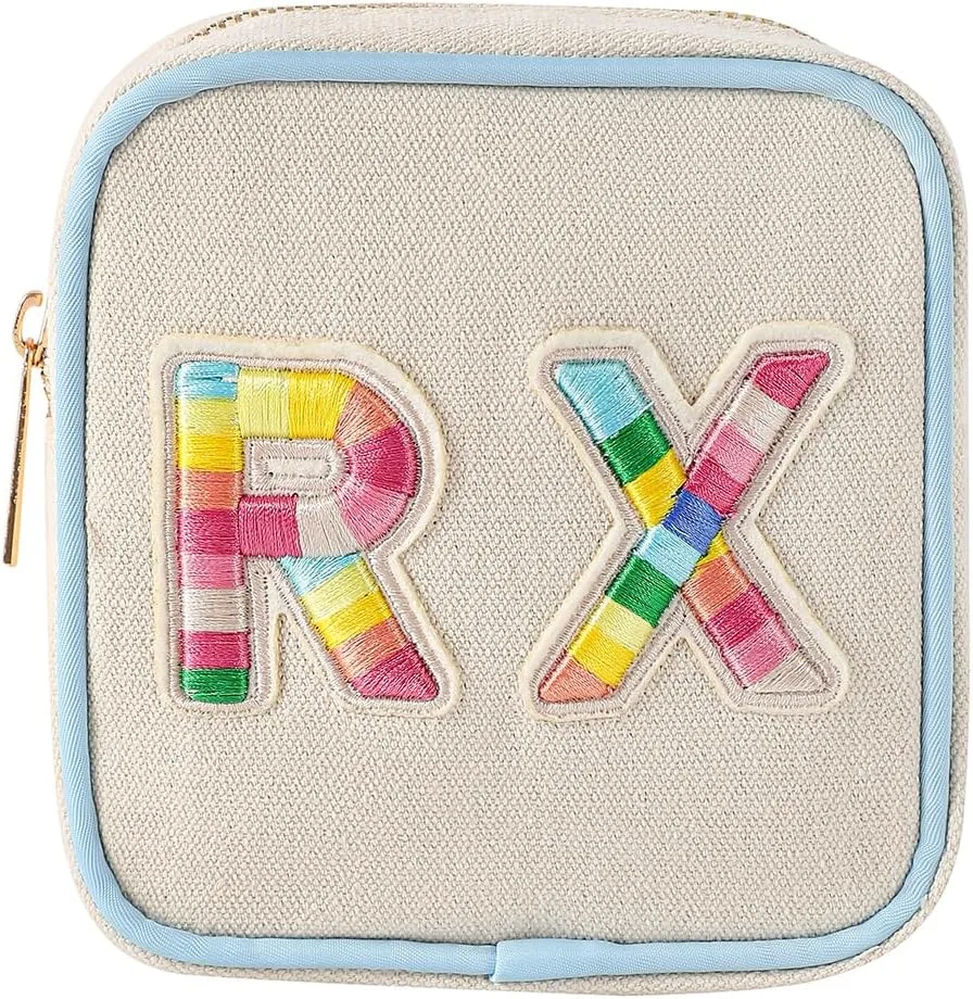 Small Canvas Rx Medicine Packages, Cute Chenille Letter Patch Drug Makeup Bag with Metal Zipper, Mini Travel First Aid Purse Organizer Machine Washable (03Blue-Rainbow)