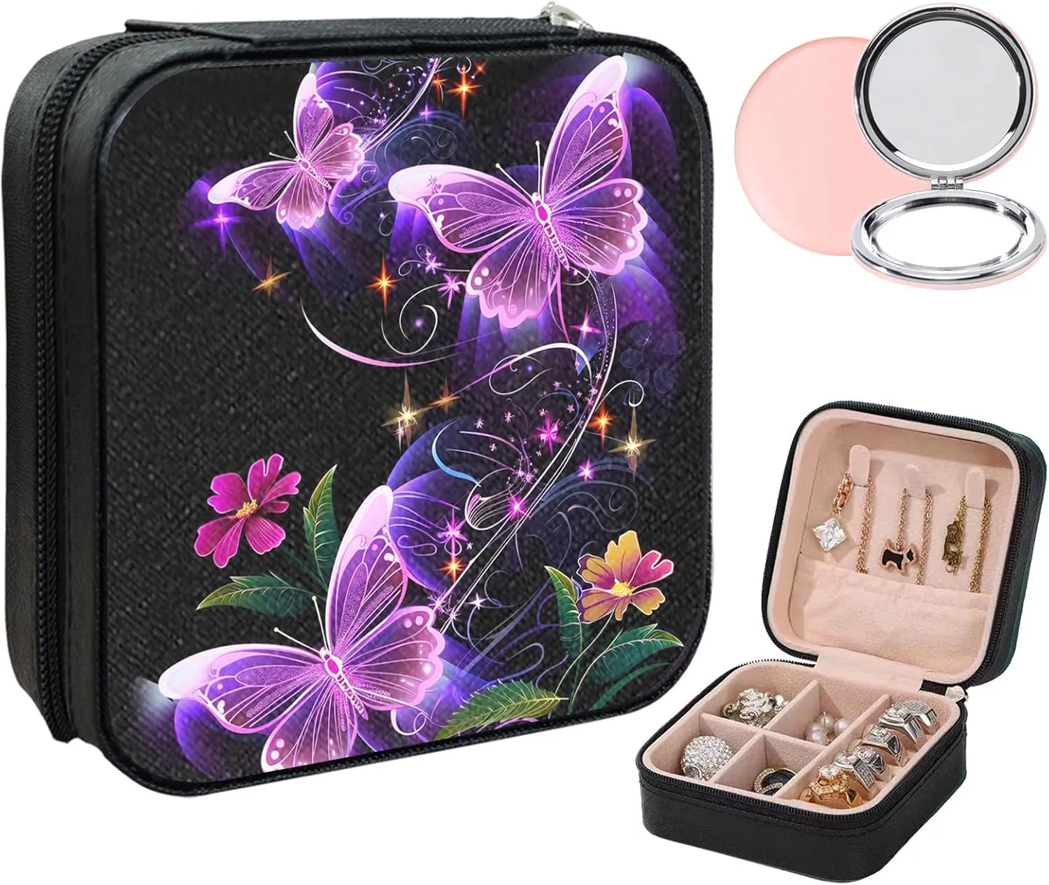 Small Jewelry Box Travel Jewelry Case Portable PU Leather for Girls Women Jewelry Organizer with Mirror, Storage Earring, Necklace, Rings, Neon Butterfly