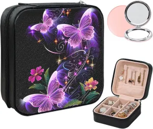 Small Jewelry Box Travel Jewelry Case Portable PU Leather for Girls Women Jewelry Organizer with Mirror, Storage Earring, Necklace, Rings, Neon Butterfly