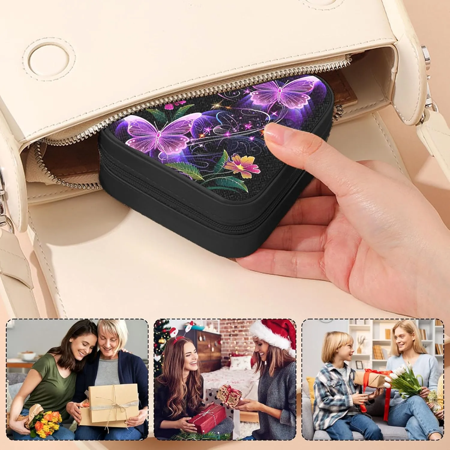 Small Jewelry Box Travel Jewelry Case Portable PU Leather for Girls Women Jewelry Organizer with Mirror, Storage Earring, Necklace, Rings, Neon Butterfly