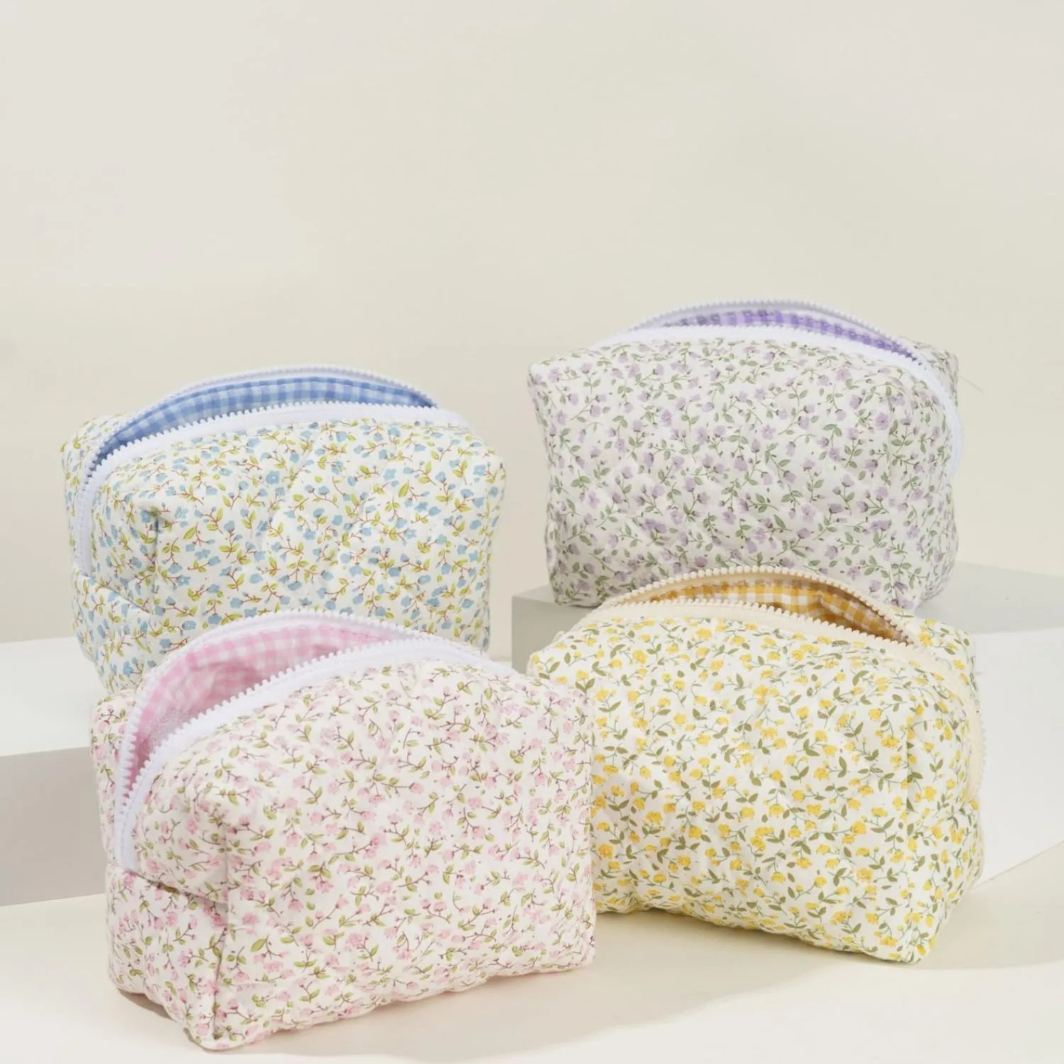 Small Quilted Cotton Makeup bag, Cute Floral Cosmetic bag, Cotton Aesthetic Makeup Pouch, Large Capacity Travel Toiletry Bag for Women and Girls (Purple)