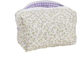Small Quilted Cotton Makeup bag, Cute Floral Cosmetic bag, Cotton Aesthetic Makeup Pouch, Large Capacity Travel Toiletry Bag for Women and Girls (Purple)