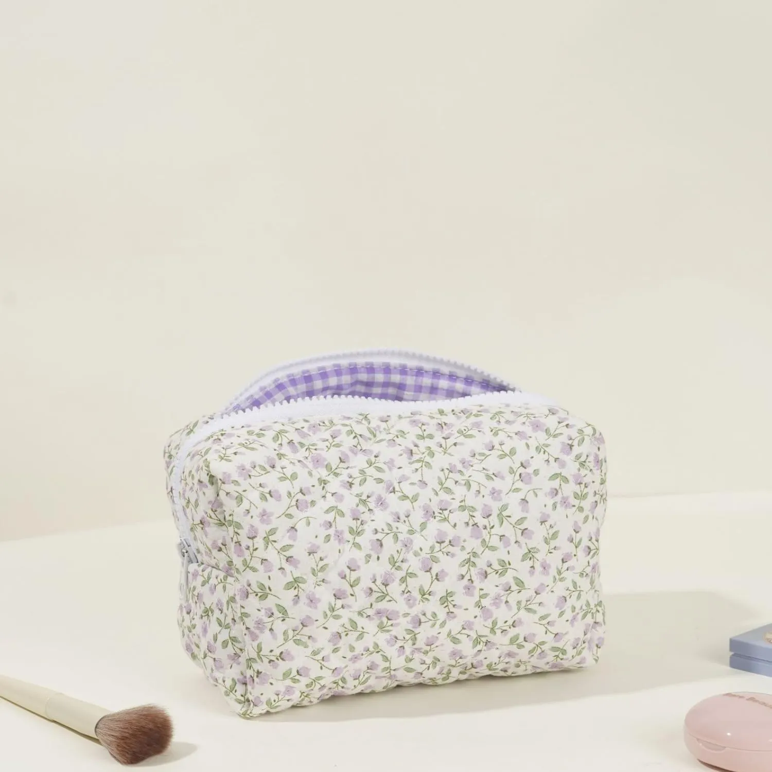 Small Quilted Cotton Makeup bag, Cute Floral Cosmetic bag, Cotton Aesthetic Makeup Pouch, Large Capacity Travel Toiletry Bag for Women and Girls (Purple)