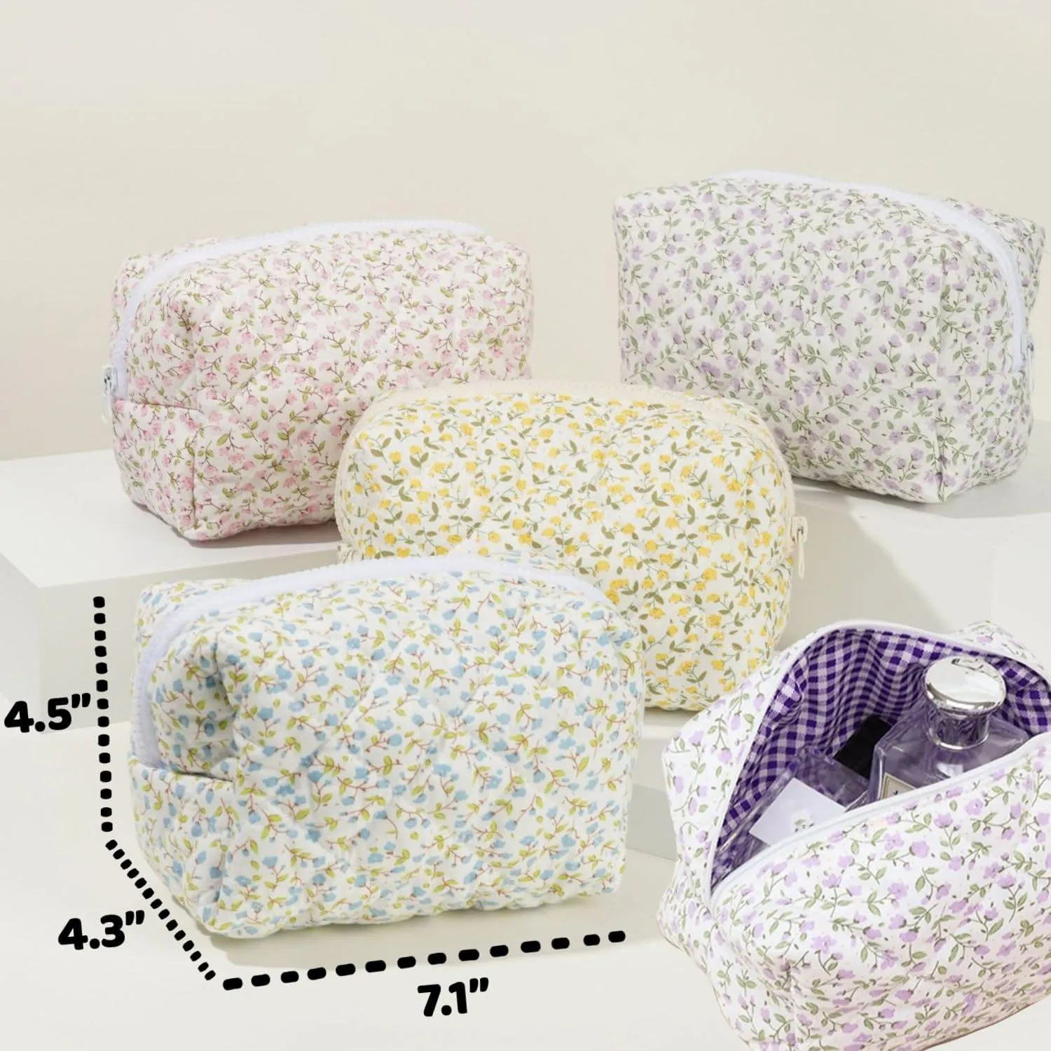 Small Quilted Cotton Makeup bag, Cute Floral Cosmetic bag, Cotton Aesthetic Makeup Pouch, Large Capacity Travel Toiletry Bag for Women and Girls (Purple)