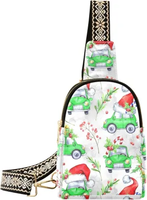 Small Sling Bag Fanny Packs Crossbody Bags for Women Green Car in Santa Hat Leather Fashion Chest Bag Belt Bag for Women for Travel Sports Running Hiking
