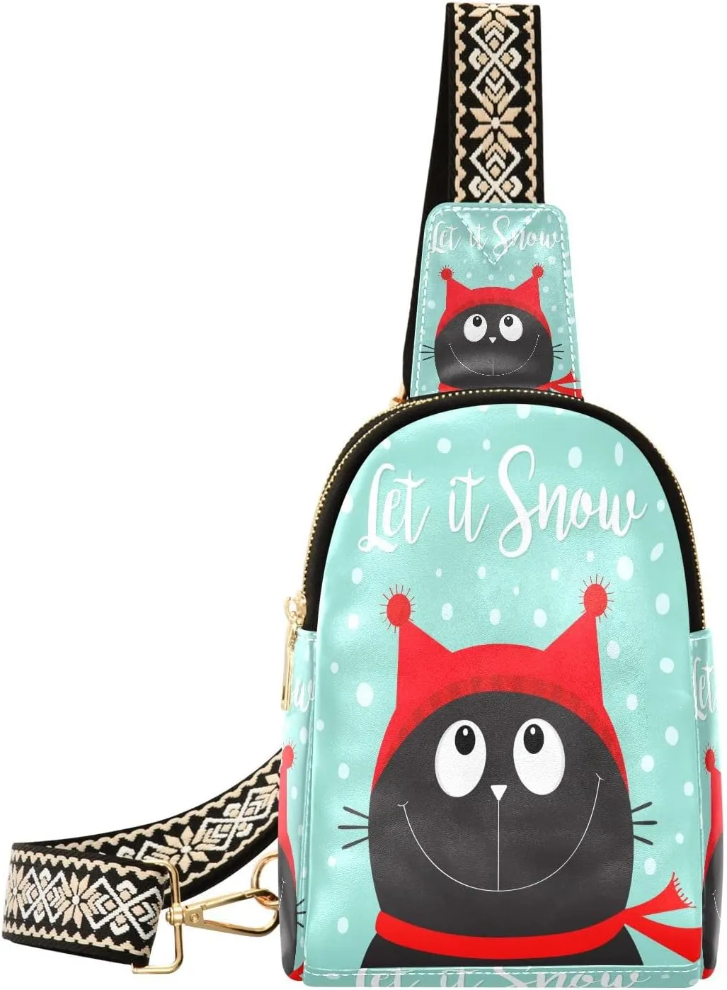 Small Sling Bag Fanny Packs Crossbody Bags for Women Let It Snow Cute Cat Leather Fashion Chest Bag Belt Bag for Women for Travel Sports Running Hiking