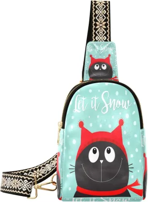 Small Sling Bag Fanny Packs Crossbody Bags for Women Let It Snow Cute Cat Leather Fashion Chest Bag Belt Bag for Women for Travel Sports Running Hiking