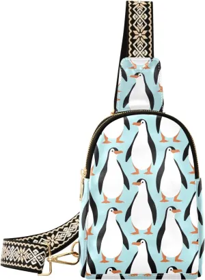 Small Sling Bag Fanny Packs Crossbody Bags for Women Winter Penguins Pattern Leather Fashion Chest Bag Belt Bag for Women for Travel Sports Running Hiking