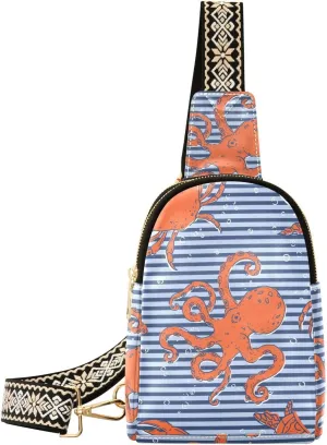 Small Sling Bag for Women Stripe Octopus Crab PC Leather Fanny Pack Crossbody Nautical Fashion Waist Packs Chest Bag for Travel Sports Running Hiking