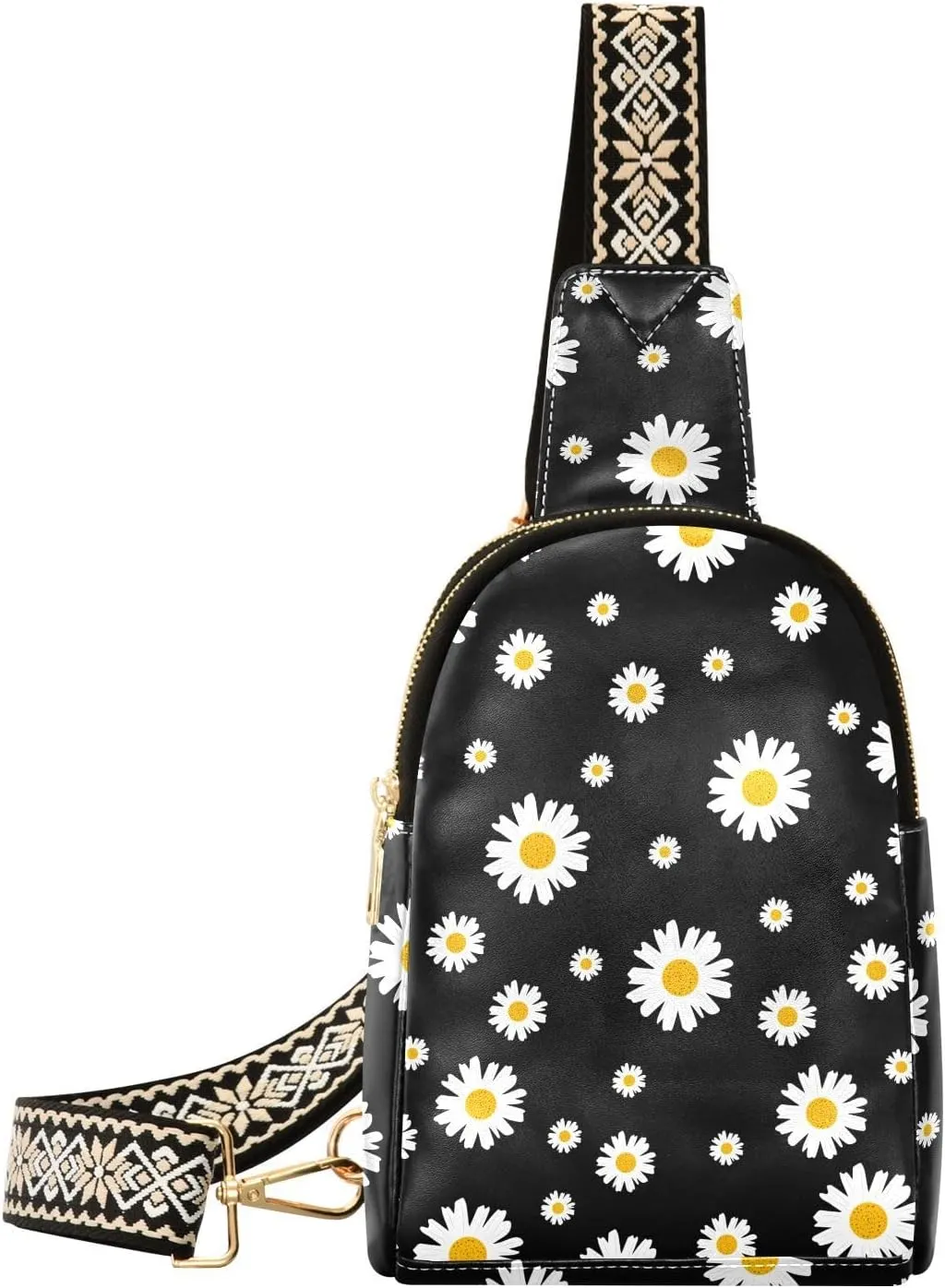 Small Sling Bag for Women White Daisies PC Leather Fanny Pack Crossbody Pretty Floral Fashion Waist Packs Chest Bag for Travel Sports Running Hiking