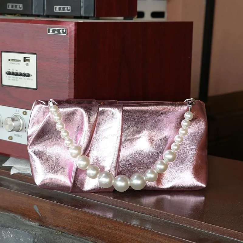 Soft Elegant Vegan Leather Clutch Purse for Women Formal Small PU Pleated Evening Handbag with Pearl Chain