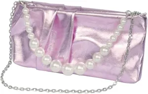 Soft Elegant Vegan Leather Clutch Purse for Women Formal Small PU Pleated Evening Handbag with Pearl Chain