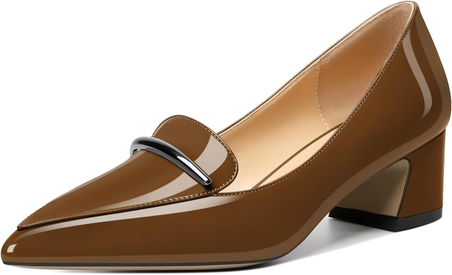 Soireelady Womens Block Heel Low Chunky Heels, Pointed Toe Loafer Heels Slip On Dress Shoes 2''