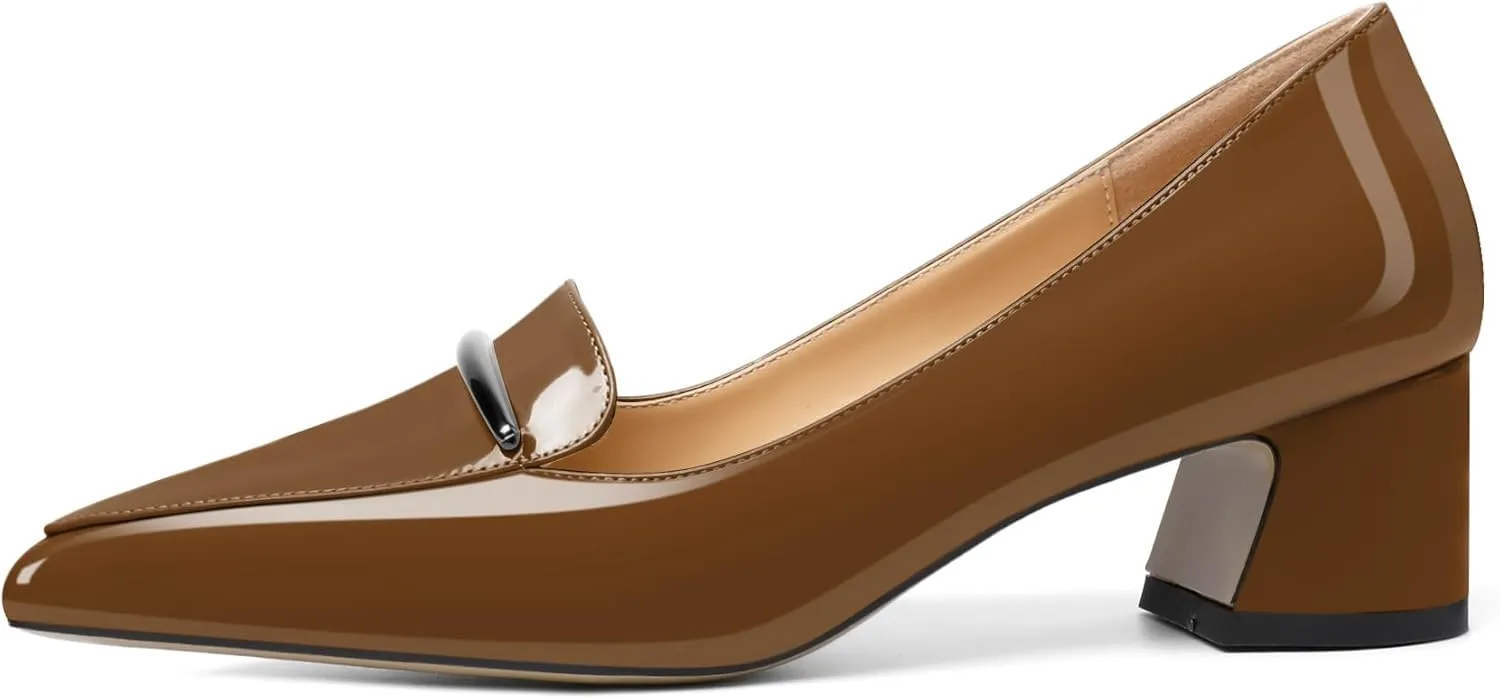 Soireelady Womens Block Heel Low Chunky Heels, Pointed Toe Loafer Heels Slip On Dress Shoes 2''