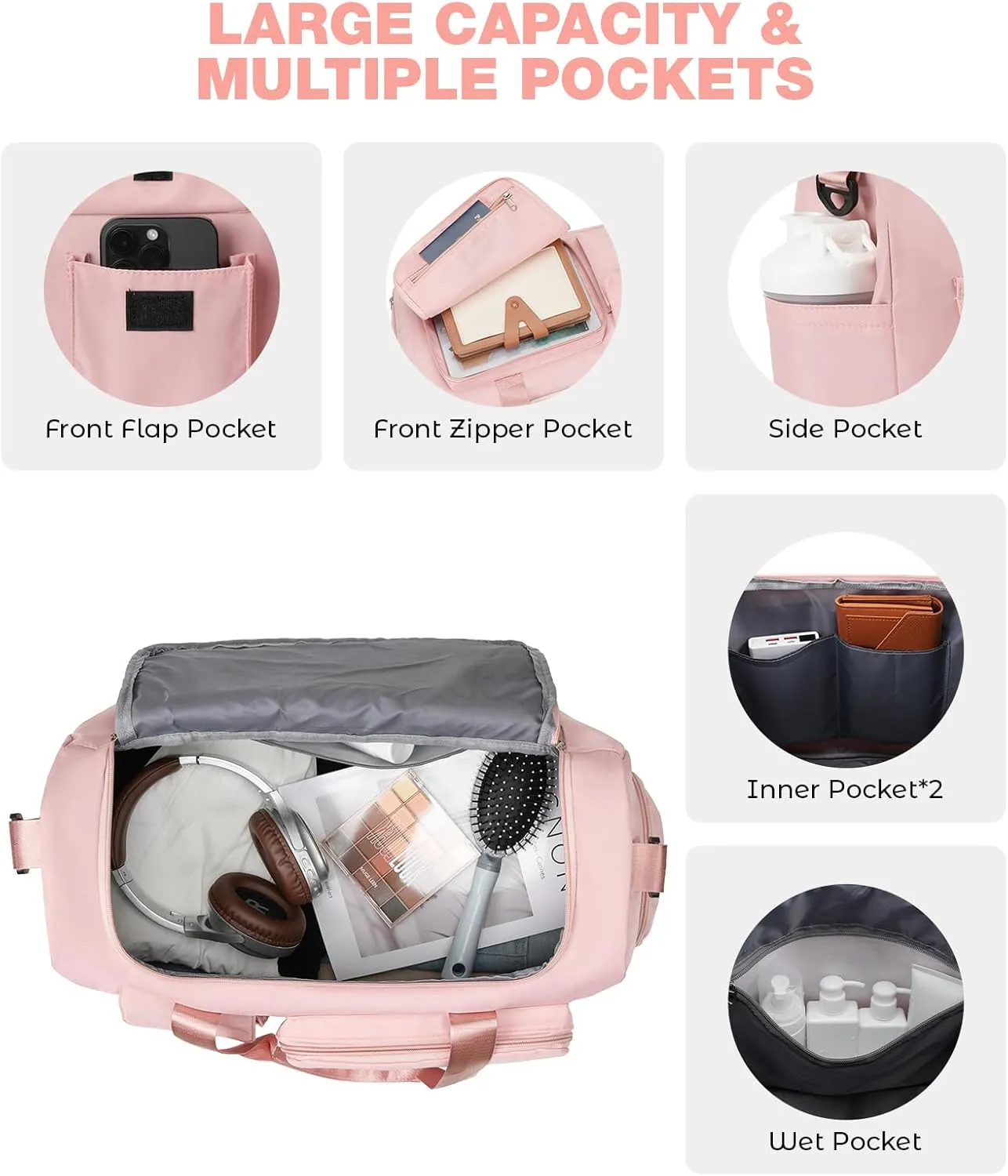 Sports Gym Duffle With Shoes Compartment, Travel Weekender for Women With Toiletry Bag, Carry-on Overnight Duffel With Wet Pocket