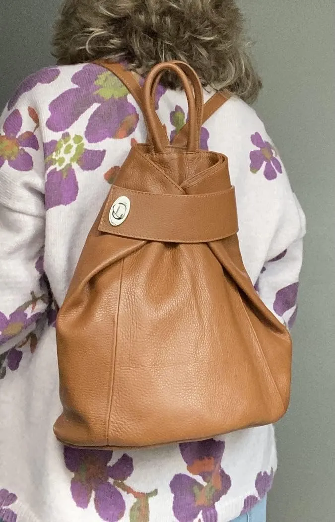 Stella Convertible Leather Backpack Purse  Casual Travel Tote Bag Cognac Tan