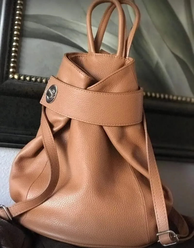 Stella Convertible Leather Backpack Purse  Casual Travel Tote Bag Cognac Tan