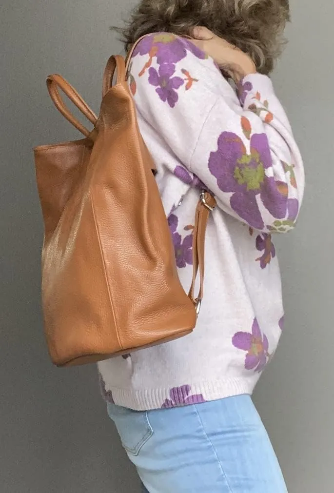 Stella Convertible Leather Backpack Purse  Casual Travel Tote Bag Cognac Tan