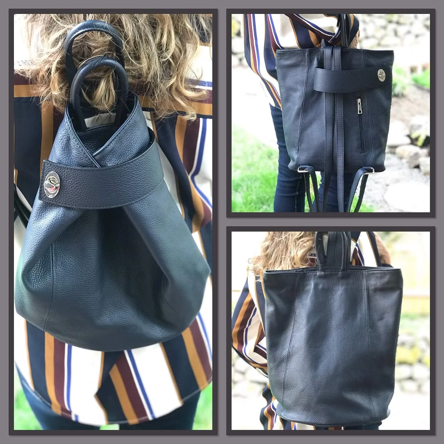 Stella Convertible Leather Backpack Purse  Casual Travel Tote Bag Dark Navy Blue