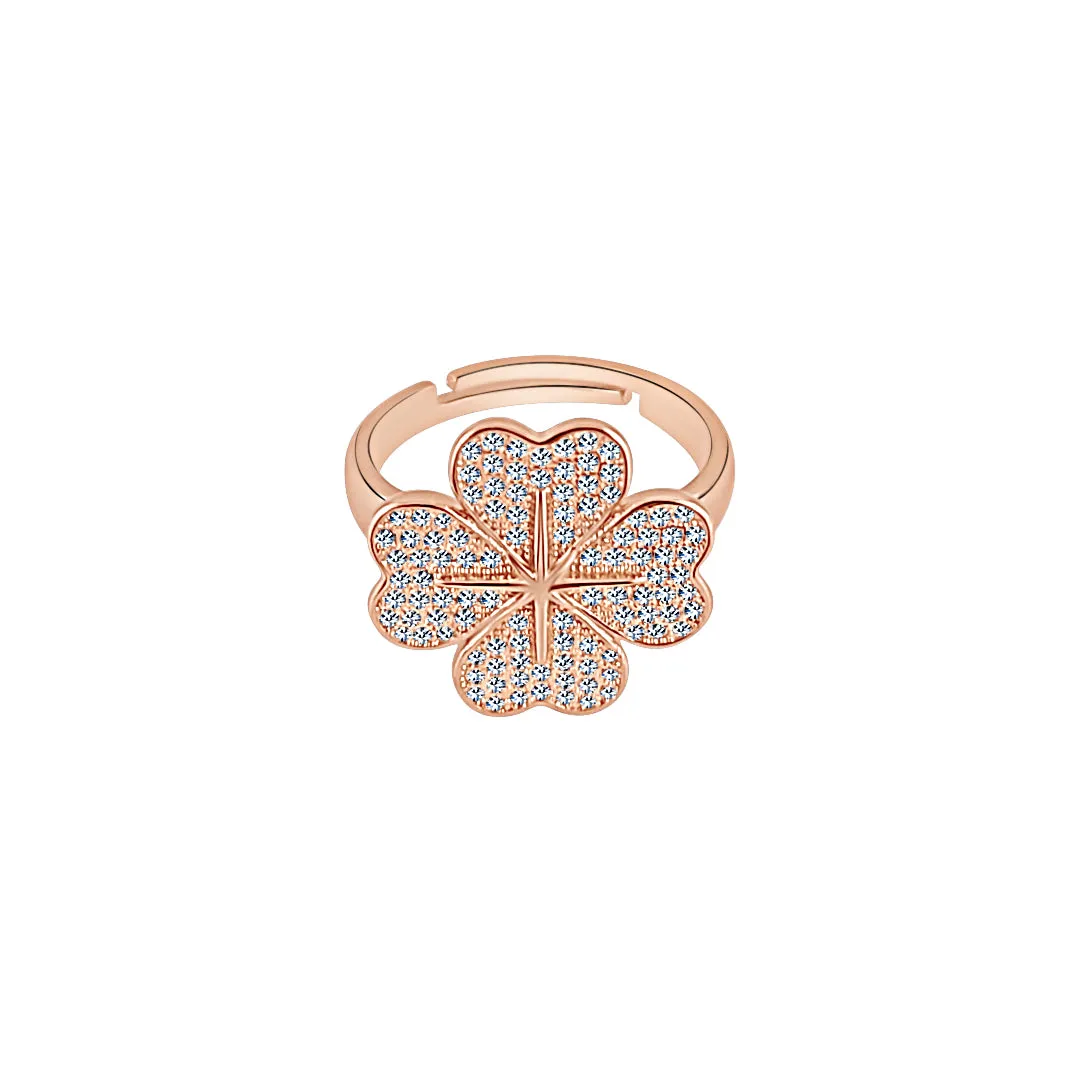 Sterling Silver Sparkling Four Leaf Clover Heart Ring
