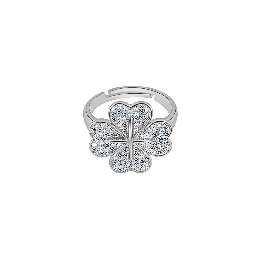 Sterling Silver Sparkling Four Leaf Clover Heart Ring