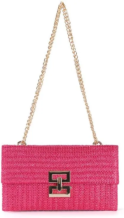 Straw Clutch Purse for Women Evening Purse Envelope Clutch with Detachable Strap Summer Beach Shoulder Crossbody Bag (Chain-rose)