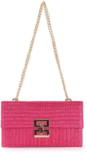 Straw Clutch Purse for Women Evening Purse Envelope Clutch with Detachable Strap Summer Beach Shoulder Crossbody Bag (Chain-rose)