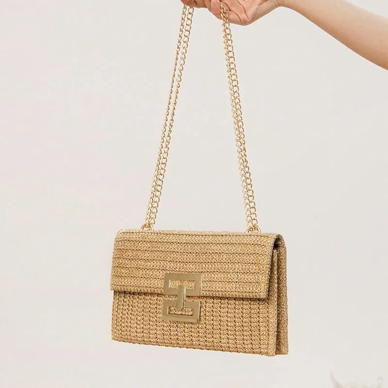Straw Clutch Purse for Women Evening Purse Envelope Clutch with Detachable Strap Summer Beach Shoulder Crossbody Bag (Chain-rose)
