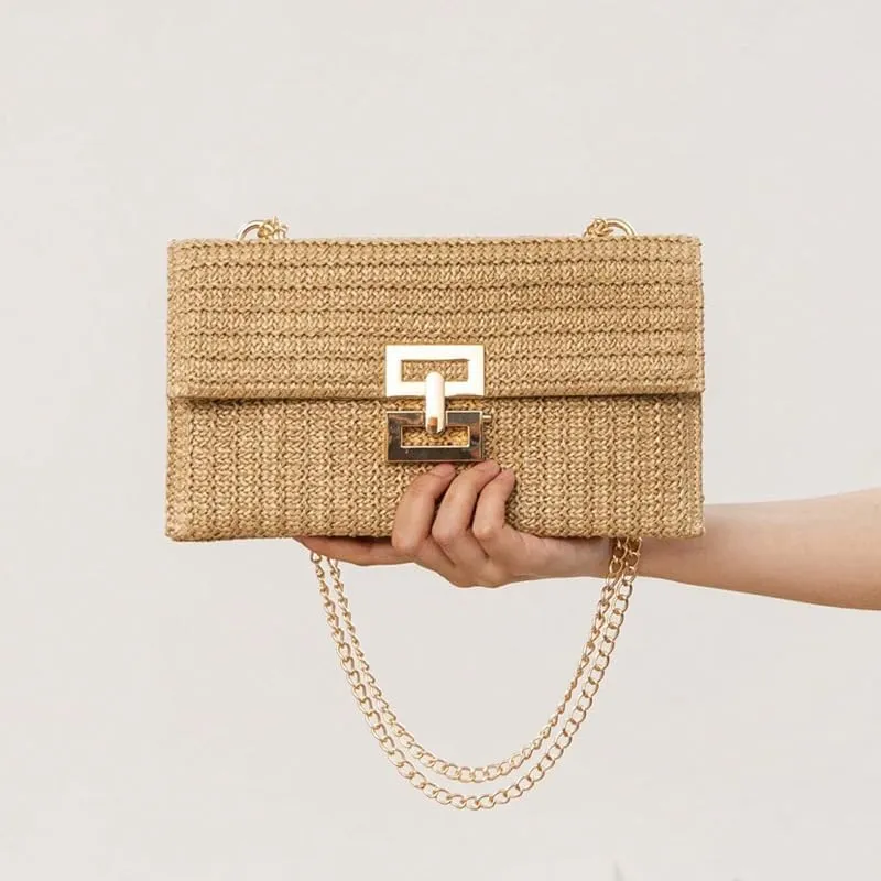 Straw Clutch Purse for Women Evening Purse Envelope Clutch with Detachable Strap Summer Beach Shoulder Crossbody Bag (Chain-rose)
