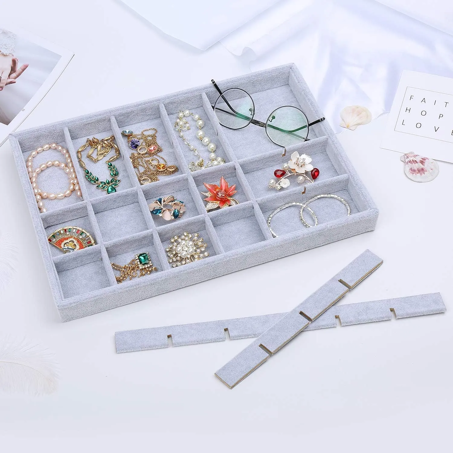STYLIFING Jewelry Organizer Tray 24 Grids, Jewelry Display Case Stackable Velvet Jewelry Tray Ring Earring Necklace Storage Holder for Women,Grey