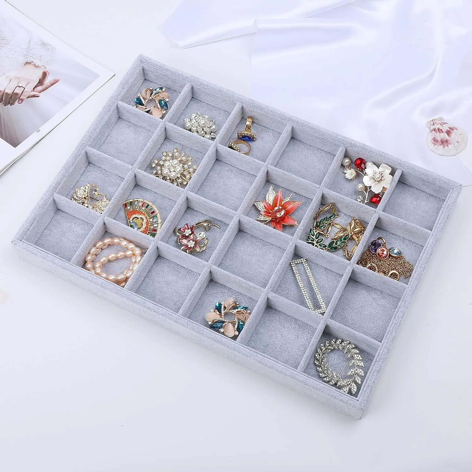 STYLIFING Jewelry Organizer Tray 24 Grids, Jewelry Display Case Stackable Velvet Jewelry Tray Ring Earring Necklace Storage Holder for Women,Grey