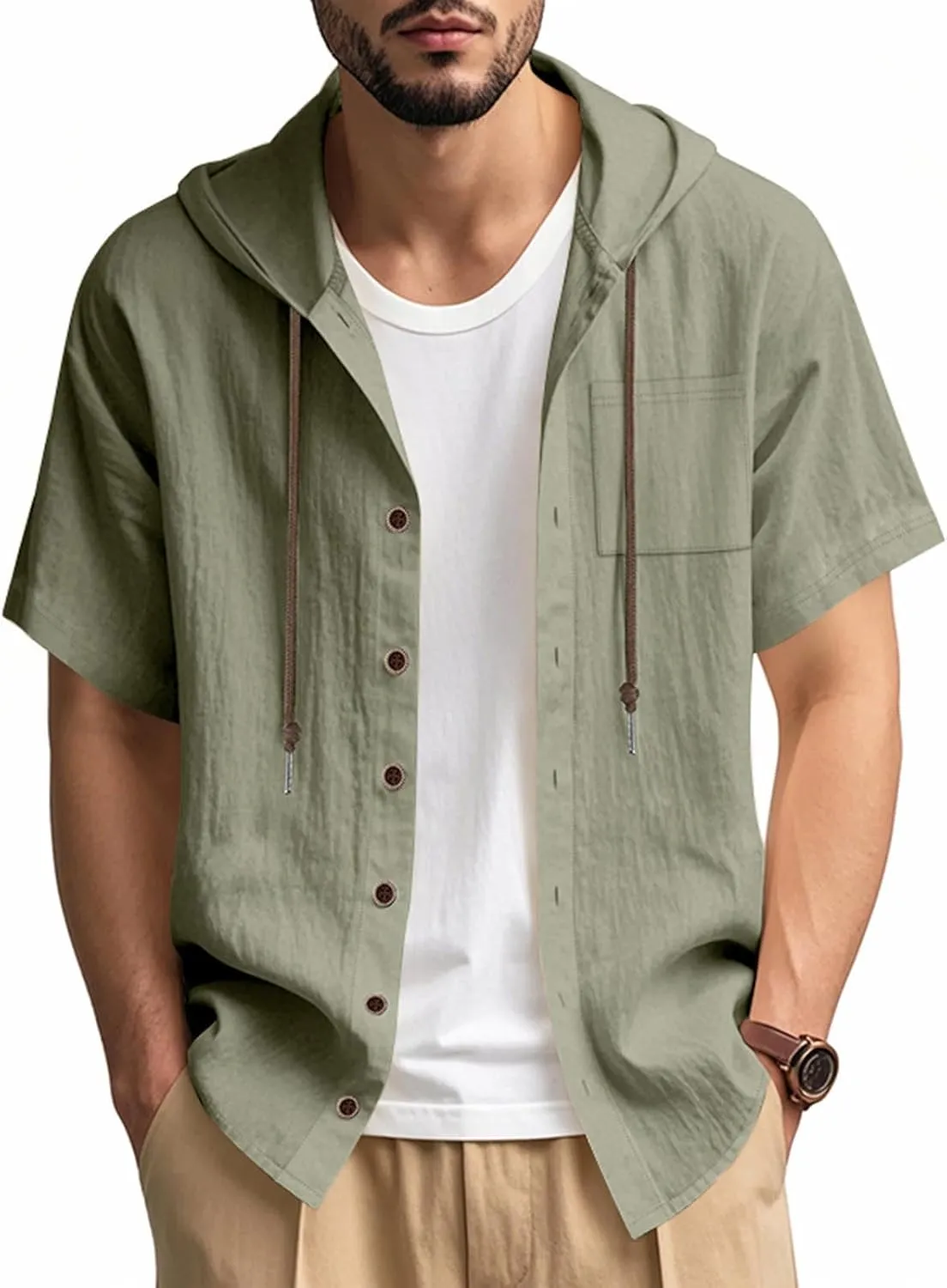 Summer Casual Shirts Men Short Sleeve Hoodies Cotton Linen Button Down Tops Loose Casual Shirts Trendy Travel Shirts