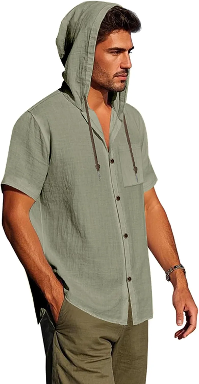 Summer Casual Shirts Men Short Sleeve Hoodies Cotton Linen Button Down Tops Loose Casual Shirts Trendy Travel Shirts