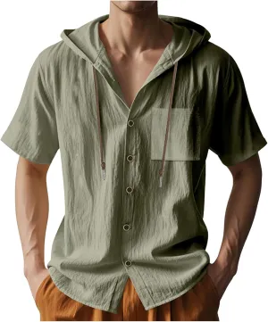 Summer Casual Shirts Men Short Sleeve Hoodies Cotton Linen Button Down Tops Loose Casual Shirts Trendy Travel Shirts