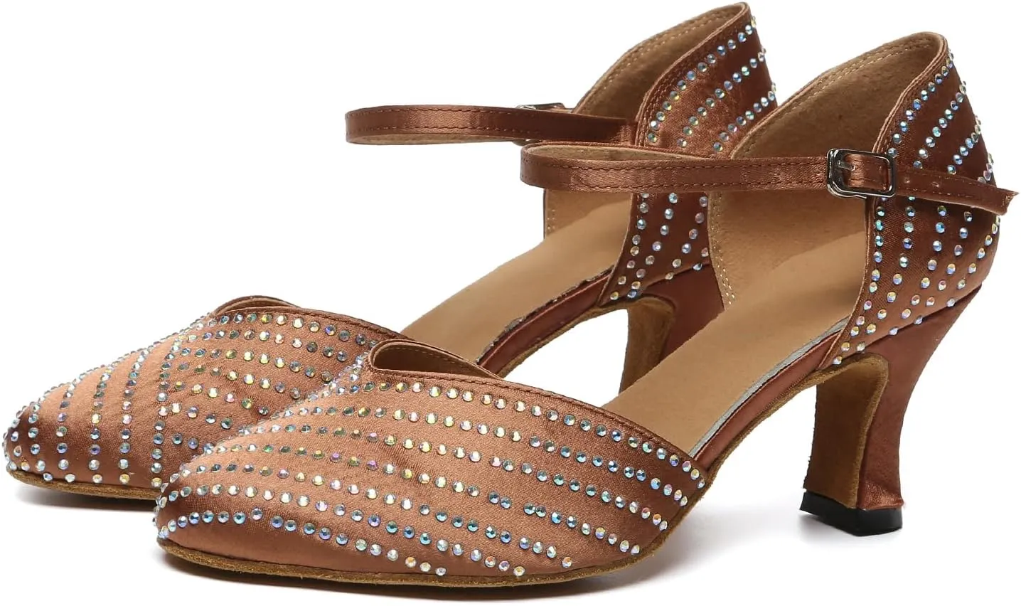 SWDZM Ballroom Dance Shoes Rhinestone Closed Toe Salsa Waltz Charater Dancing Heels
