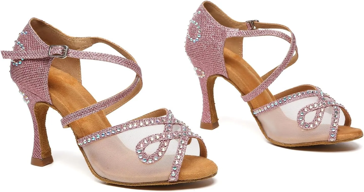 SWDZM Women's Rhinestones Latin Dance Shoes Salsa Performance Ballroom Dancing Heels