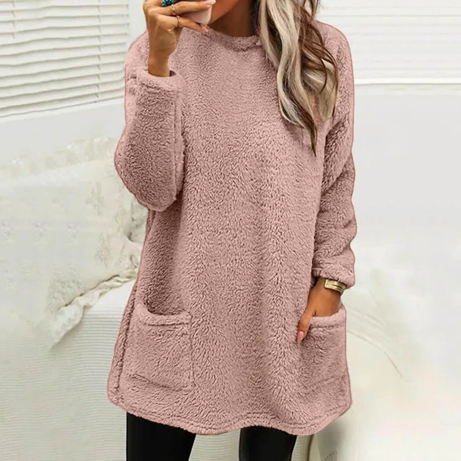 Sweatshirts for Women Fuzzy Fleece hoodie Crew Neck Long Sleeve Sherpa Pullover Tops Warm Soft Winter Fall Blouse