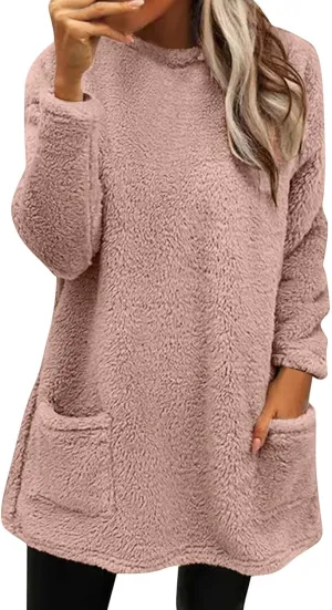 Sweatshirts for Women Fuzzy Fleece hoodie Crew Neck Long Sleeve Sherpa Pullover Tops Warm Soft Winter Fall Blouse
