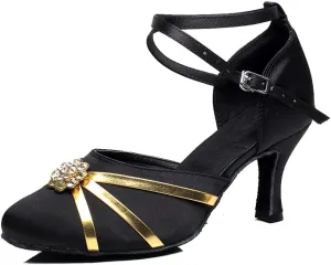 TDA Women's Flared Heel Closed Toe Glitter Rhinestones Buckle Jazz Rumba Salsa Ballroom Modern Latin Dance Shoes